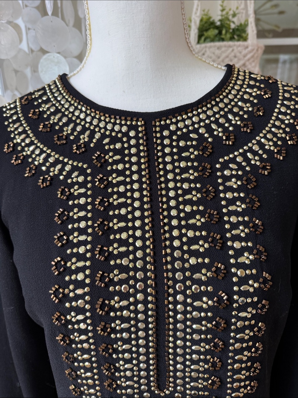 Trina Turk Womens Black Beaded Long Sleeve Shift Dress 0 Gold Detailing - Picture 2 of 13
